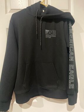 American Eagle Outfitters Black Pullover Hoodie with Sleeve Logo